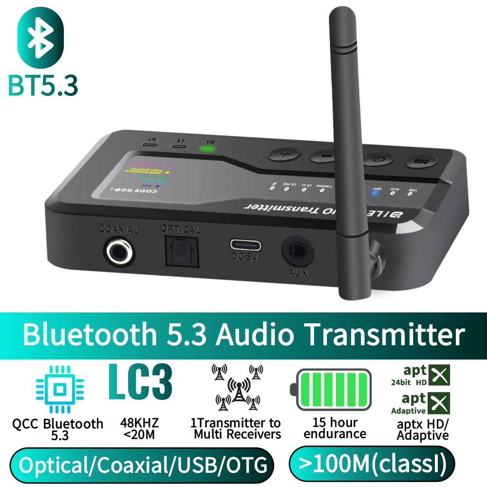 Bluetooth Adapter Receiver - Bluetooth 5.3オーディオトランスミッター、80Mの伝送距離、AptX Adaptive、HD LC3ワイヤレスブロードキャスト、1対Nレシーバー、OTG USB、同軸AUX