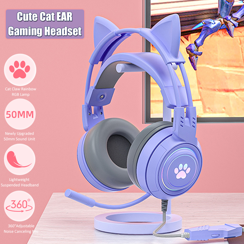 Gaming Headset Rgb - マイク付きのかわいい猫の耳のゲーミングヘッドフォン,RGBのノイズリダクション,ピンクの女の子用ヘッドセット,ゲーマー,PS4用アクセサリー,Xbox,電話,PC,子供向けギフト